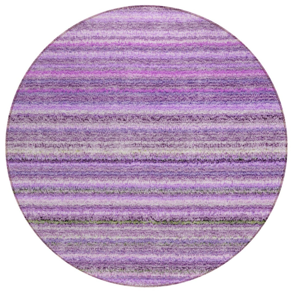 HomeRoots 5' Striped Purple Eggplant and Lilac Washable Area Rug - Durable Indoor Outdoor Decor for Every Space 8' Round 577795