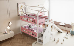 English Elm House-shaped Pine Bunk Bed with Built-in Slide Storage Staircase Twin Over Full Kids Frame White+Pink N820S00082K