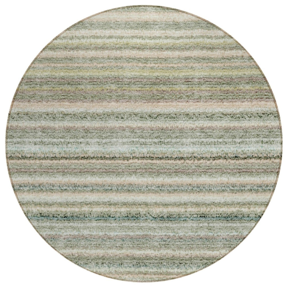HomeRoots 5' Sage Mint Green and Beige Striped Indoor Outdoor Area Rug – Durable, Washable, Versatile Style 8' Round 577801