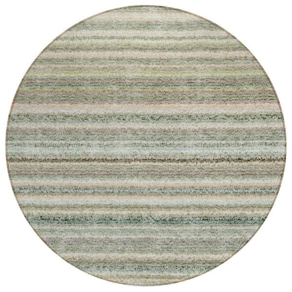 HomeRoots 5' Sage Mint Green and Beige Striped Indoor Outdoor Area Rug – Durable, Washable, Versatile Style 8' Round 577801