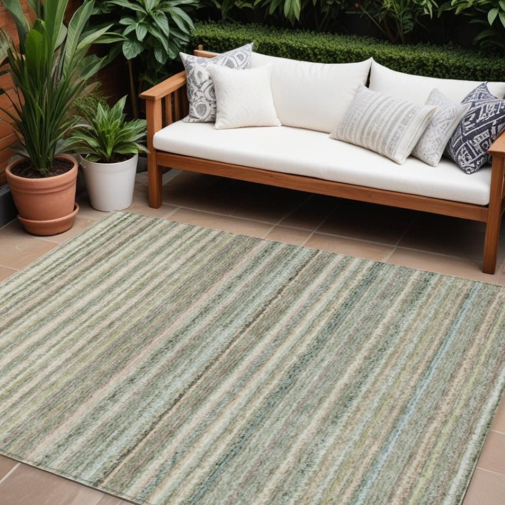 HomeRoots 9' Sage Mint Green and Beige Striped Indoor Outdoor Area Rug - Durable, Washable, Versatile Design 9' X 12' 577803