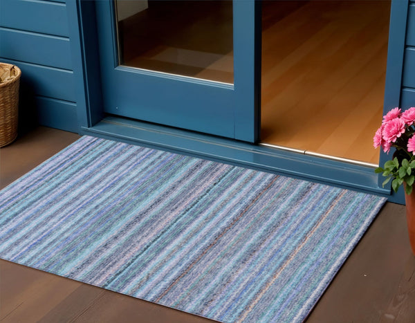 Homeroots 3' Denim Blue And Gray Striped Washable Area Rug For Indoor And Outdoor Use – Durable & Stylish! 3' X 5' Polyester 577805