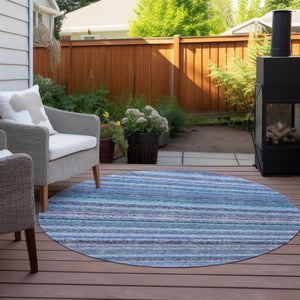 Homeroots 3' Denim Blue And Gray Striped Washable Area Rug For Indoor And Outdoor Use – Durable & Stylish! 8' Round Polyester 577807
