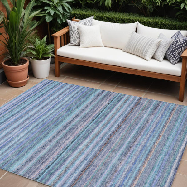 Homeroots 3' Denim Blue And Gray Striped Washable Area Rug For Indoor And Outdoor Use – Durable & Stylish! 10' X 14' Polyester 577810