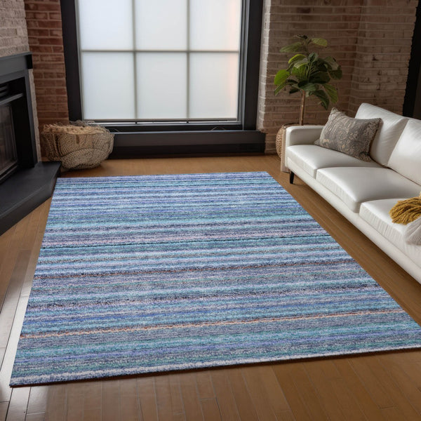 Homeroots 3' Denim Blue And Gray Striped Washable Area Rug For Indoor And Outdoor Use – Durable & Stylish! 10' X 14' Polyester 577810