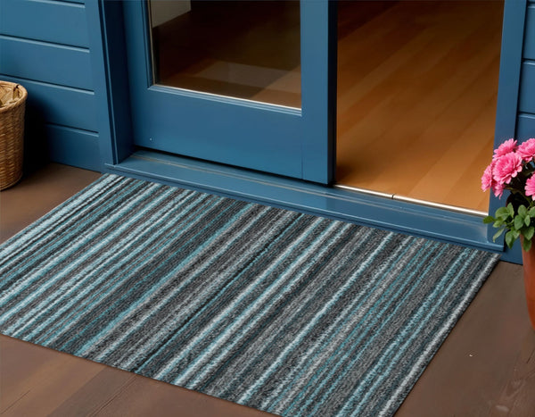 Homeroots 3' Denim Blue And Gray Striped Washable Area Rug For Indoor And Outdoor Use – Durable & Stylish! 3' X 5' Polyester 577811