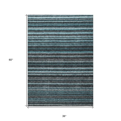 Homeroots 3' Denim Blue And Gray Striped Washable Area Rug For Indoor And Outdoor Use – Durable & Stylish! 3' X 5' Polyester 577811
