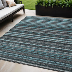 Homeroots 3' Denim Blue And Gray Striped Washable Area Rug For Indoor And Outdoor Use – Durable & Stylish! 5' X 8' Polyester 577812