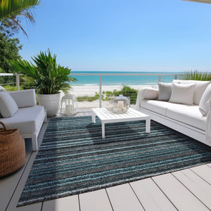 Homeroots 3' Denim Blue And Gray Striped Washable Area Rug For Indoor And Outdoor Use – Durable & Stylish! 5' X 8' Polyester 577812