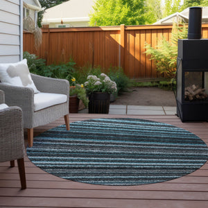 Homeroots 3' Denim Blue And Gray Striped Washable Area Rug For Indoor And Outdoor Use – Durable & Stylish! 8' Round Polyester 577813