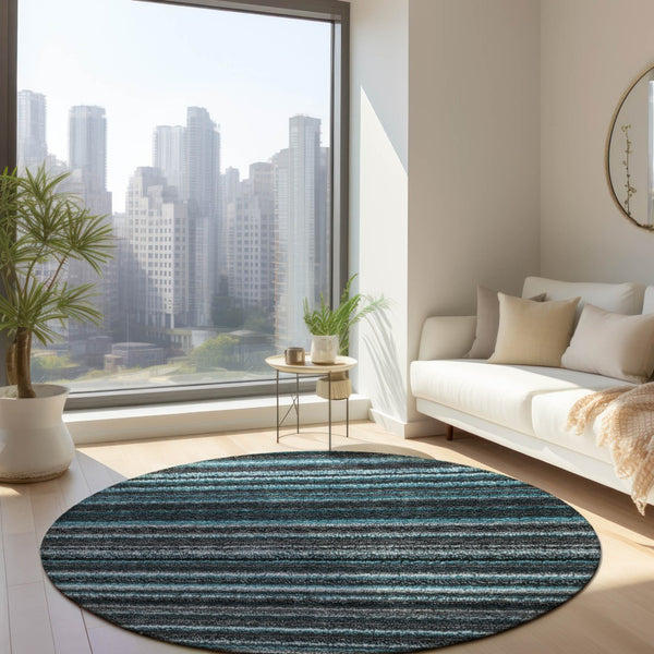 Homeroots 3' Denim Blue And Gray Striped Washable Area Rug For Indoor And Outdoor Use – Durable & Stylish! 8' Round Polyester 577813