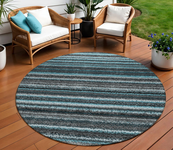 Homeroots 3' Denim Blue And Gray Striped Washable Area Rug For Indoor And Outdoor Use – Durable & Stylish! 8' Round Polyester 577813