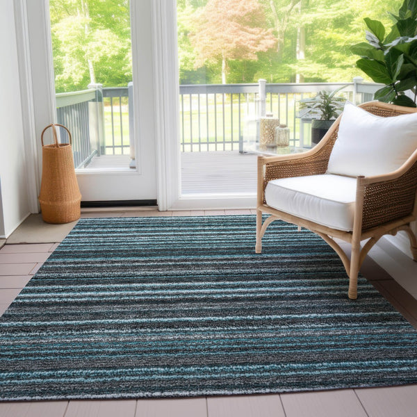 Homeroots 3' Denim Blue And Gray Striped Washable Area Rug For Indoor And Outdoor Use – Durable & Stylish! 8' X 10' Polyester 577814