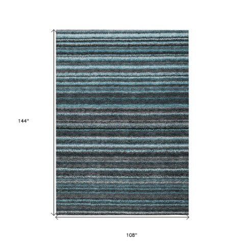 Homeroots 3' Denim Blue And Gray Striped Washable Area Rug For Indoor And Outdoor Use – Durable & Stylish! 9' X 12' Polyester 577815