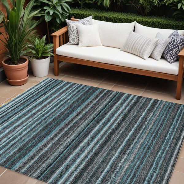 Homeroots 3' Denim Blue And Gray Striped Washable Area Rug For Indoor And Outdoor Use – Durable & Stylish! 10' X 14' Polyester 577816