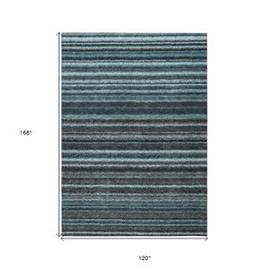 Homeroots 3' Denim Blue And Gray Striped Washable Area Rug For Indoor And Outdoor Use – Durable & Stylish! 10' X 14' Polyester 577816