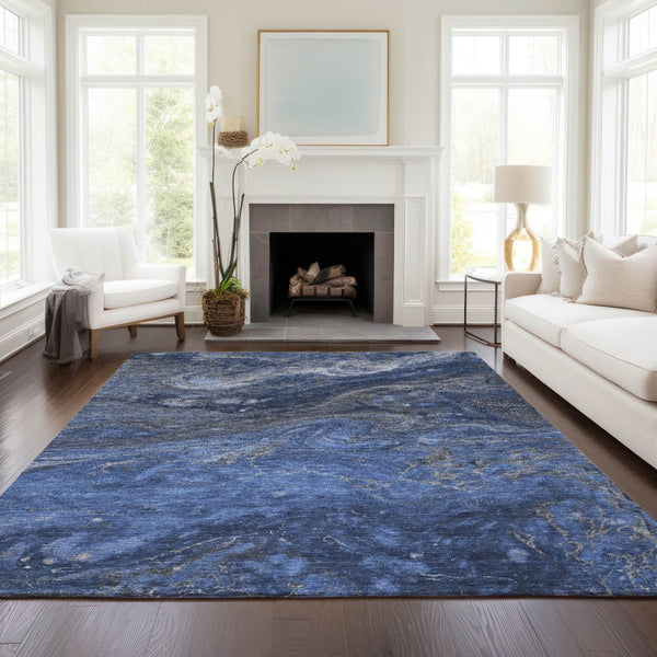 Homeroots 3' Denim Blue And Sky Blue Abstract Washable Area Rug – Perfect For Indoor And Outdoor Spaces! 3' X 5' Polyester 577817