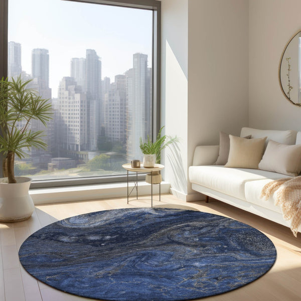 Homeroots 3' Denim Blue And Sky Blue Abstract Washable Area Rug – Perfect For Indoor And Outdoor Spaces! 8' Round Polyester 577819