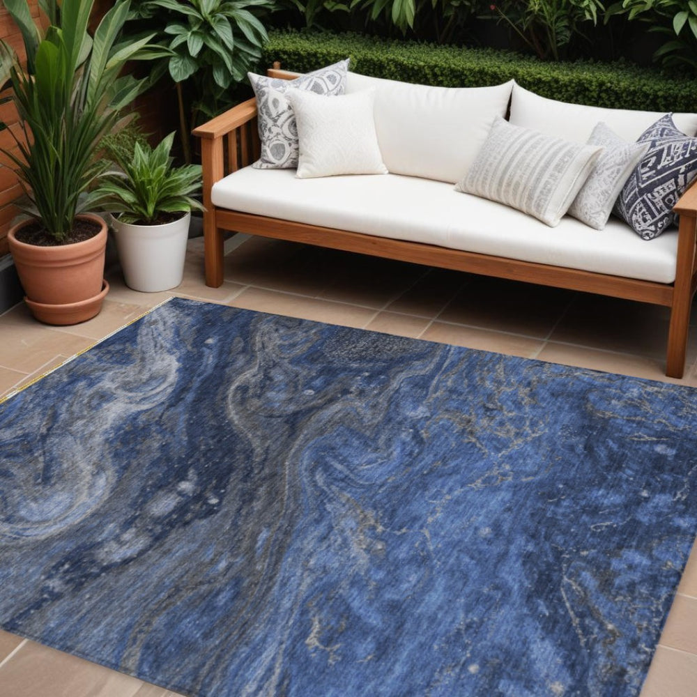 HomeRoots 9' Denim Blue & Sky Blue Abstract Area Rug - Durable, Washable Design for Indoor & Outdoor Spaces 9' X 12' 577821