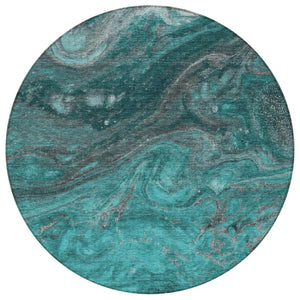 HomeRoots 5' Contemporary Teal Blue Aqua and Gray Abstract Washable Area Rug for Indoor and Outdoor Spaces 8' Round 577843