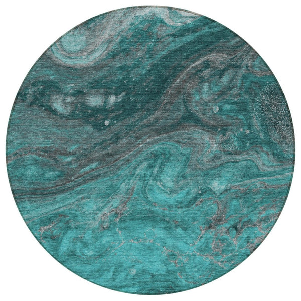 HomeRoots 5' Contemporary Teal Blue Aqua and Gray Abstract Washable Area Rug for Indoor and Outdoor Spaces 8' Round 577843