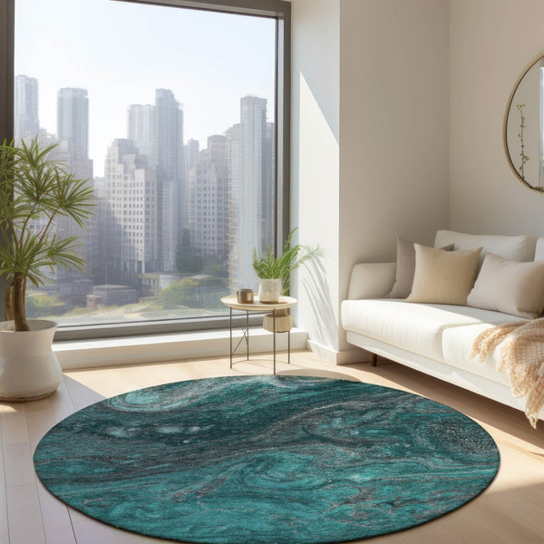 Homeroots 3' Denim Blue And Sky Blue Abstract Washable Area Rug – Perfect For Indoor And Outdoor Spaces! 8' Round Polyester 577843