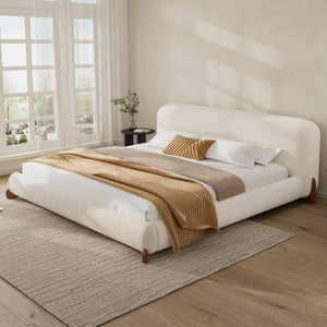 English Elm King Boucle Upholstered Platform Bed Sculpted Headboard Solid Wood Legs Bedroom N757K333334W