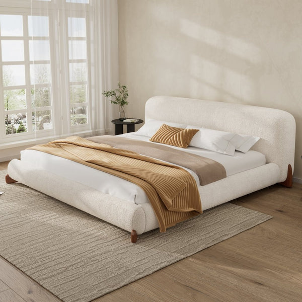 English Elm King Boucle Upholstered Platform Bed Sculpted Headboard Solid Wood Legs Bedroom N757K333334W