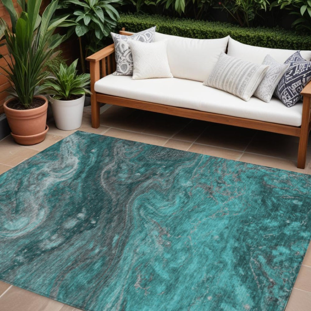 HomeRoots 9' Teal Blue Aqua and Gray Abstract Rug – Stylish, Washable Design for Indoor/Outdoor Spaces! 9' X 12' 577845