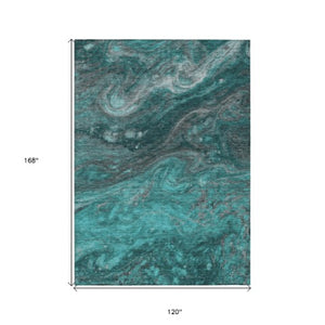 Homeroots 3' Denim Blue And Sky Blue Abstract Washable Area Rug – Perfect For Indoor And Outdoor Spaces! 10' X 14' Polyester 577846