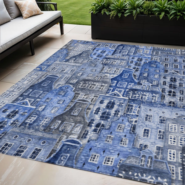HomeRoots 5' Washable Indoor Outdoor Area Rug Featuring Charming Navy and Sky Blue Village Houses Design 5' X 8' 577848