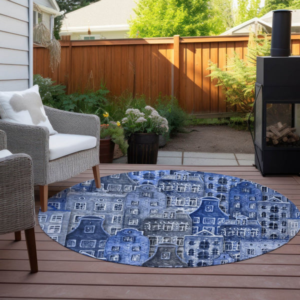 HomeRoots 5' Washable Indoor Outdoor Area Rug Featuring Charming Navy and Sky Blue Village Houses Design 8' Round 577849