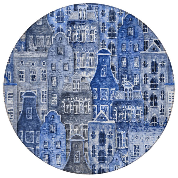 HomeRoots 5' Washable Indoor Outdoor Area Rug Featuring Charming Navy and Sky Blue Village Houses Design 8' Round 577849