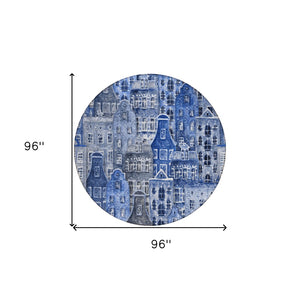 HomeRoots 5' Washable Indoor Outdoor Area Rug Featuring Charming Navy and Sky Blue Village Houses Design 8' Round 577849