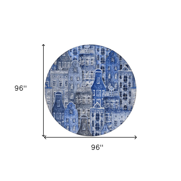 HomeRoots 5' Washable Indoor Outdoor Area Rug Featuring Charming Navy and Sky Blue Village Houses Design 8' Round 577849