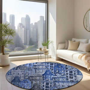HomeRoots 5' Washable Indoor Outdoor Area Rug Featuring Charming Navy and Sky Blue Village Houses Design 8' Round 577849