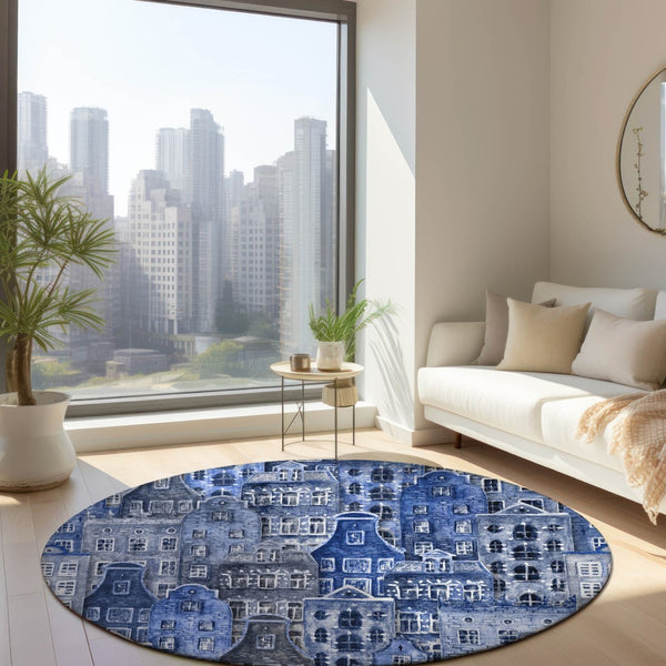HomeRoots 5' Washable Indoor Outdoor Area Rug Featuring Charming Navy and Sky Blue Village Houses Design 8' Round 577849