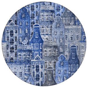 HomeRoots 5' Washable Indoor Outdoor Area Rug Featuring Charming Navy and Sky Blue Village Houses Design 8' Round 577849