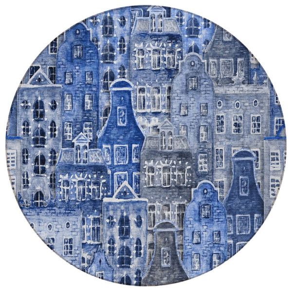HomeRoots 5' Washable Indoor Outdoor Area Rug Featuring Charming Navy and Sky Blue Village Houses Design 8' Round 577849