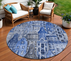 HomeRoots 5' Washable Indoor Outdoor Area Rug Featuring Charming Navy and Sky Blue Village Houses Design 8' Round 577849