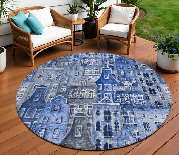 HomeRoots 5' Washable Indoor Outdoor Area Rug Featuring Charming Navy and Sky Blue Village Houses Design 8' Round 577849