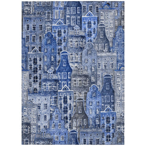 HomeRoots 9' Navy Blue and Sky Blue Village Houses Area Rug - Durable, Washable Indoor-Outdoor Charm! 9' X 12' 577851