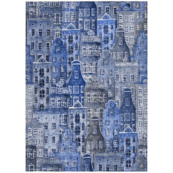 HomeRoots 9' Navy Blue and Sky Blue Village Houses Area Rug - Durable, Washable Indoor-Outdoor Charm! 9' X 12' 577851
