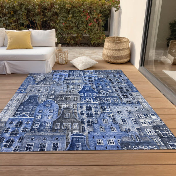 HomeRoots 9' Navy Blue and Sky Blue Village Houses Area Rug - Durable, Washable Indoor-Outdoor Charm! 9' X 12' 577851