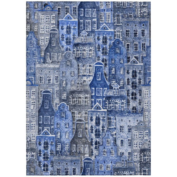 HomeRoots 9' Navy Blue and Sky Blue Village Houses Area Rug - Durable, Washable Indoor-Outdoor Charm! 9' X 12' 577851