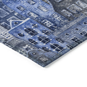 HomeRoots 9' Navy Blue and Sky Blue Village Houses Area Rug - Durable, Washable Indoor-Outdoor Charm! 9' X 12' 577851