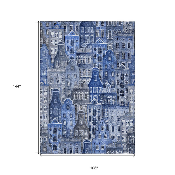HomeRoots 9' Navy Blue and Sky Blue Village Houses Area Rug - Durable, Washable Indoor-Outdoor Charm! 9' X 12' 577851