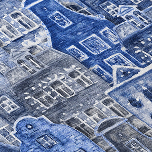 HomeRoots 9' Navy Blue and Sky Blue Village Houses Area Rug - Durable, Washable Indoor-Outdoor Charm! 9' X 12' 577851