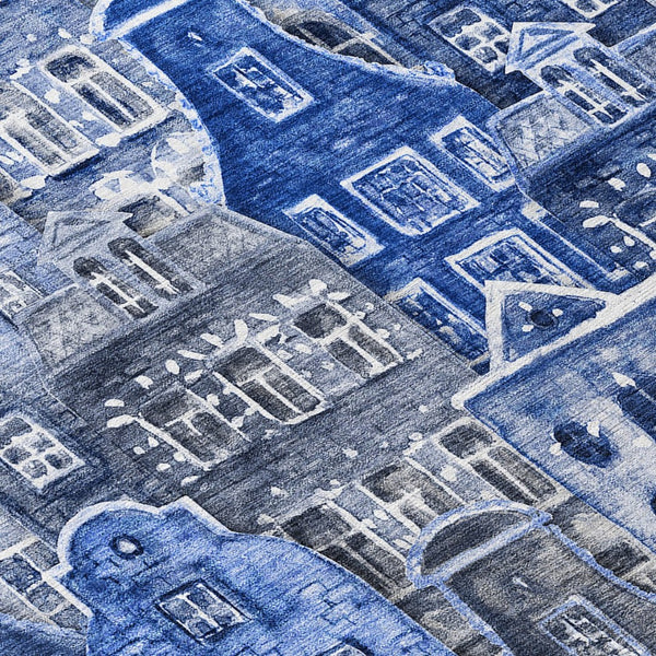 HomeRoots 9' Navy Blue and Sky Blue Village Houses Area Rug - Durable, Washable Indoor-Outdoor Charm! 9' X 12' 577851