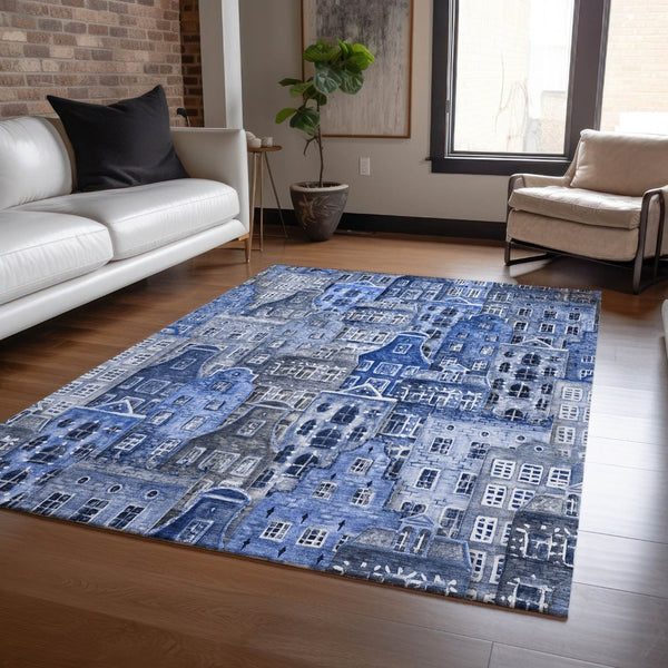 HomeRoots 9' Navy Blue and Sky Blue Village Houses Area Rug - Durable, Washable Indoor-Outdoor Charm! 9' X 12' 577851